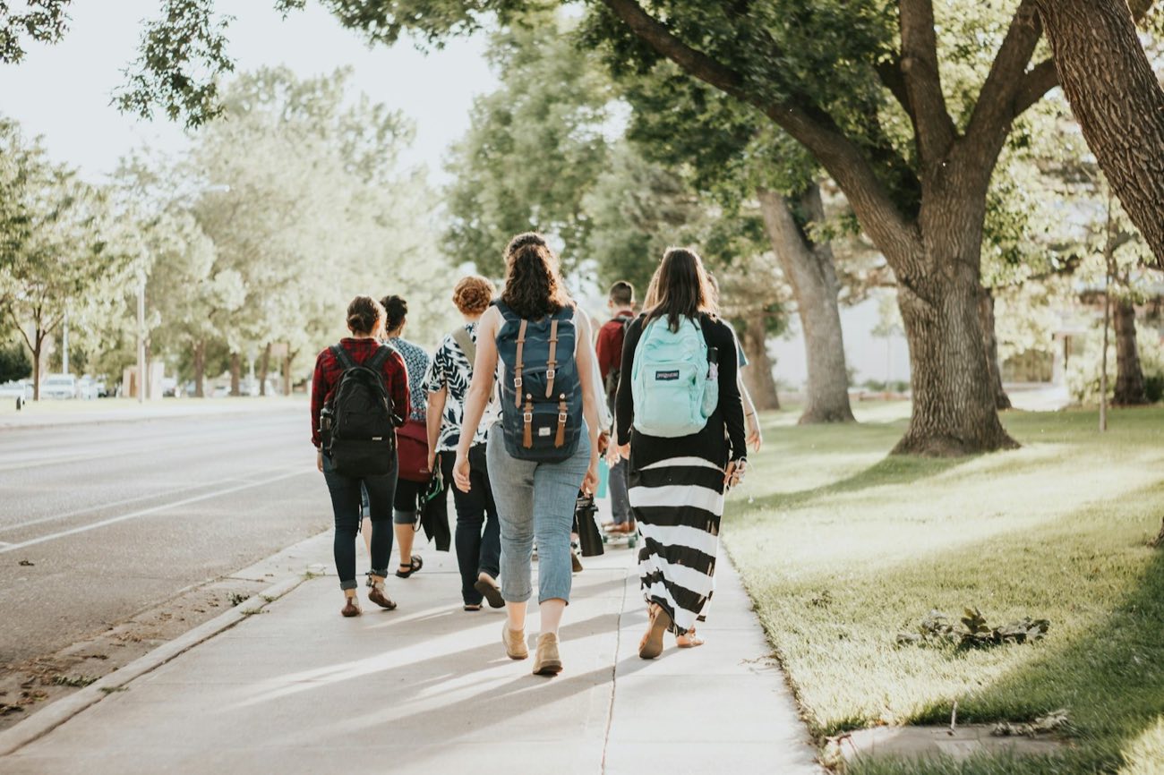 Students walking along a tree-lined campus path